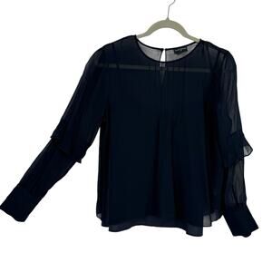 Club Monaco Silk chiffon Pleated Top Size Large Navy Blue Ruffle Long Sleeve